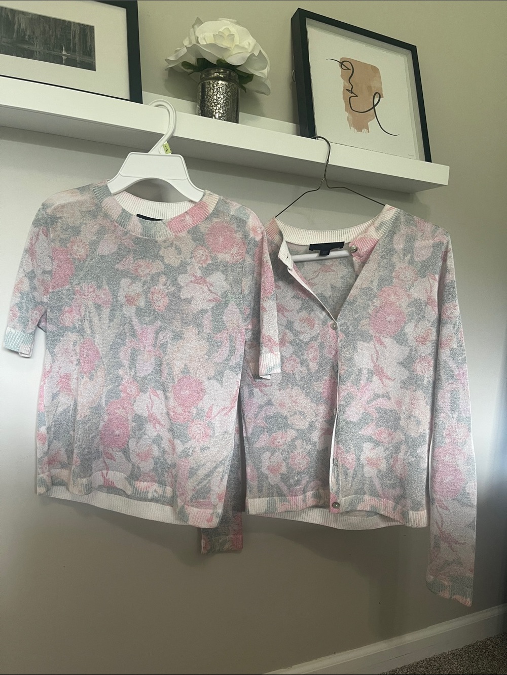 Zara Floral Knit Top & Cardigan Set - Pink and Gray